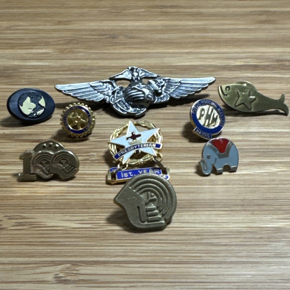 Lot of 15 mixed pins. United States Military, United Way Fish Rotary Club